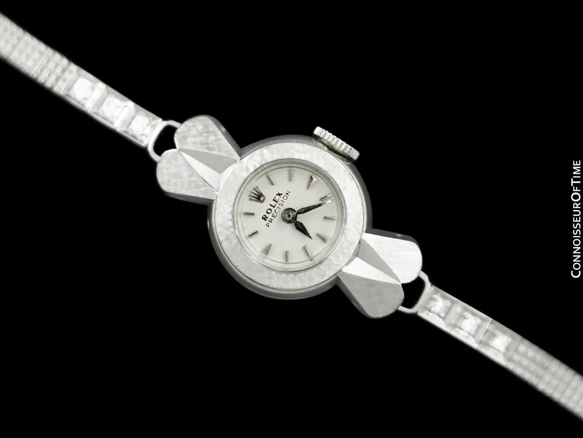 1950's Rolex Precision Ladies Vintage Watch, 18K White Gold & Diamonds - Rare & Beautiful Design