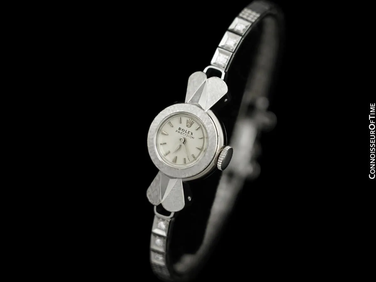 1950's Rolex Precision Ladies Vintage Watch, 18K White Gold & Diamonds - Rare & Beautiful Design