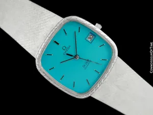 1980 Omega De Ville Classic Retro Mens Accuset Watch with Turquoise Dial, Quick-Setting Hour - Stainless Steel
