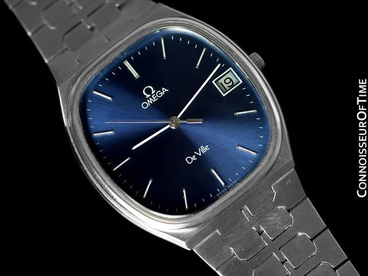 1981 Omega "De Ville" Classic Retro Mens Quartz Watch, Quick-Setting Hour, Date - Stainless Steel