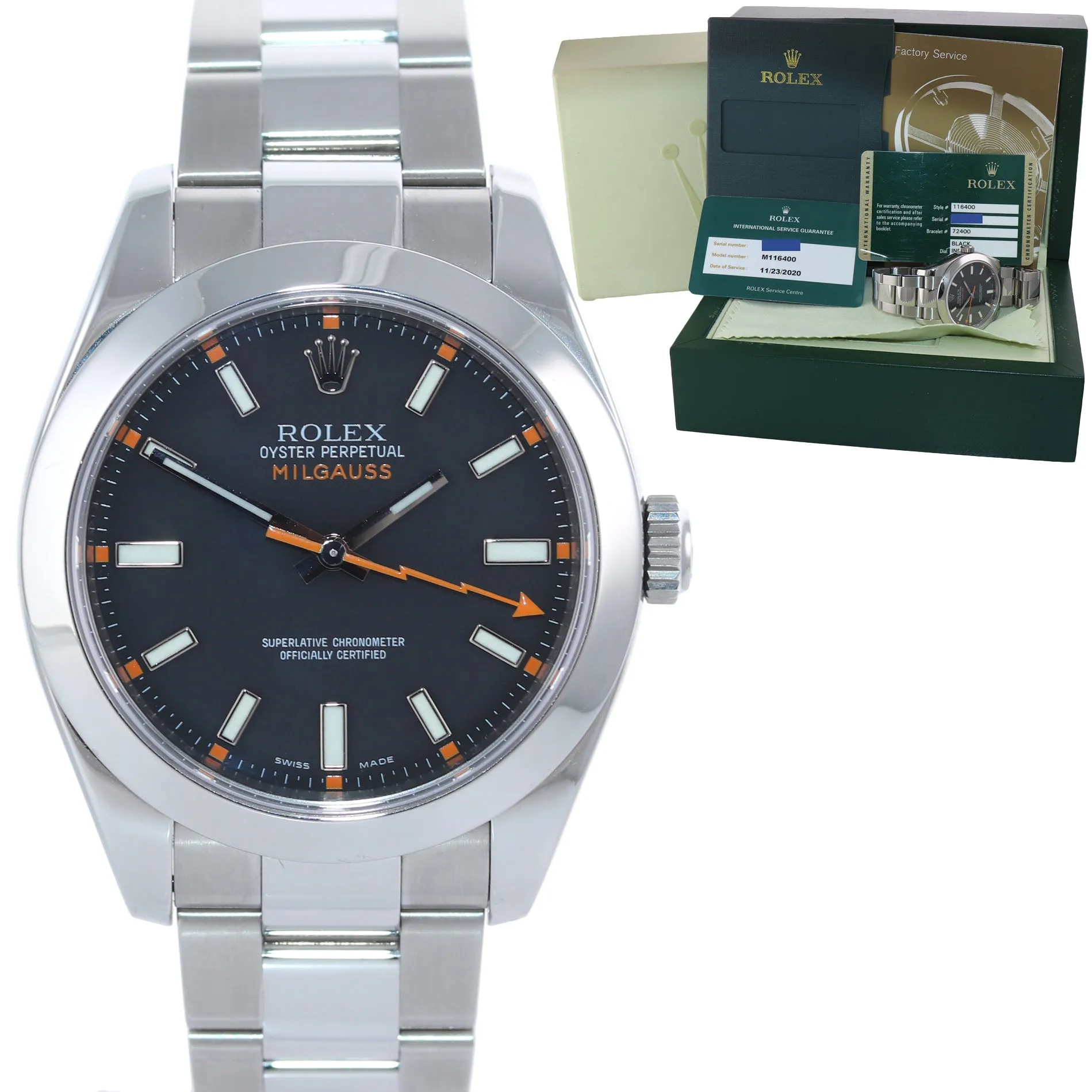2020 RSC & PAPERS Rolex Milgauss 116400 Steel Black Anti-Magnetic Steel Watch