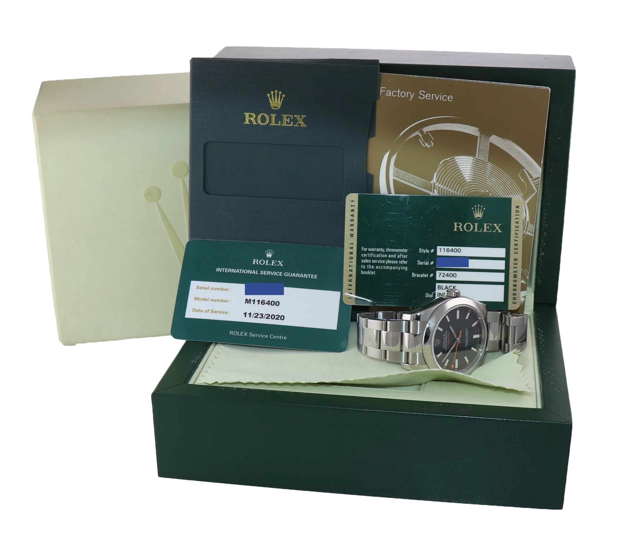 2020 RSC & PAPERS Rolex Milgauss 116400 Steel Black Anti-Magnetic Steel Watch