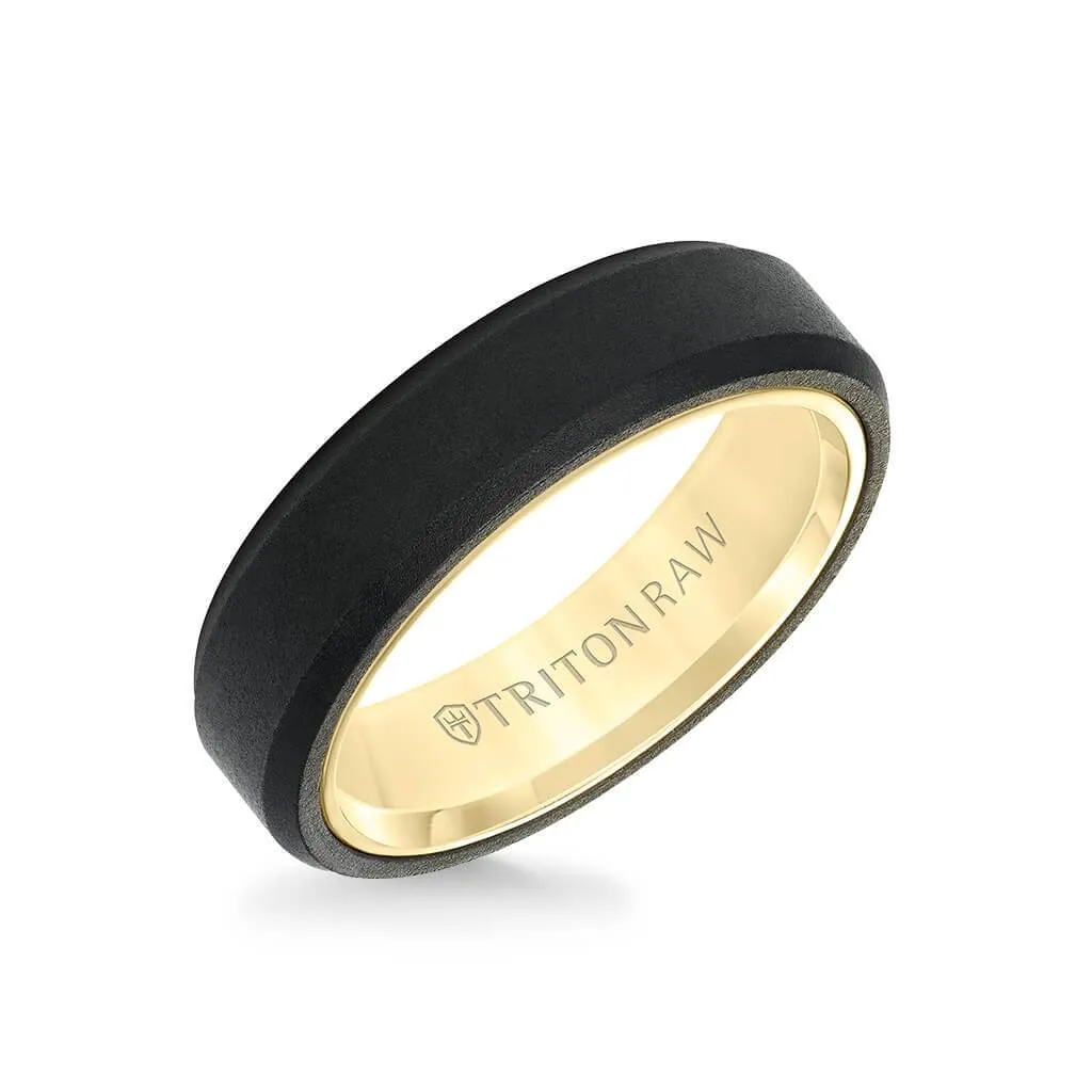 6MM Tungsten RAW Black DLC   14K Yellow Gold Ring - Soft Sand Finish and Bevel Edge