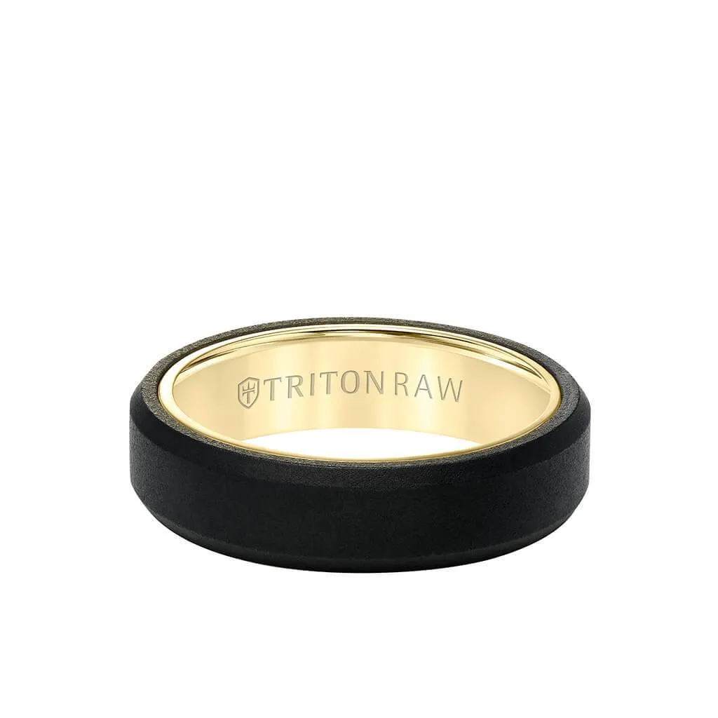 6MM Tungsten RAW Black DLC   14K Yellow Gold Ring - Soft Sand Finish and Bevel Edge