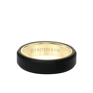 6MM Tungsten RAW Black DLC   14K Yellow Gold Ring - Soft Sand Finish and Bevel Edge