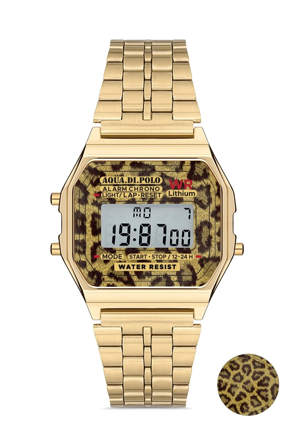 Aqua di Polo Kadın Altın Metal Kordonlu Leopar Desenli Dijital Retro Saat