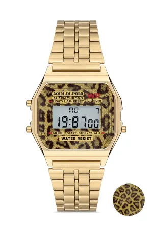 Aqua di Polo Kadın Altın Metal Kordonlu Leopar Desenli Dijital Retro Saat