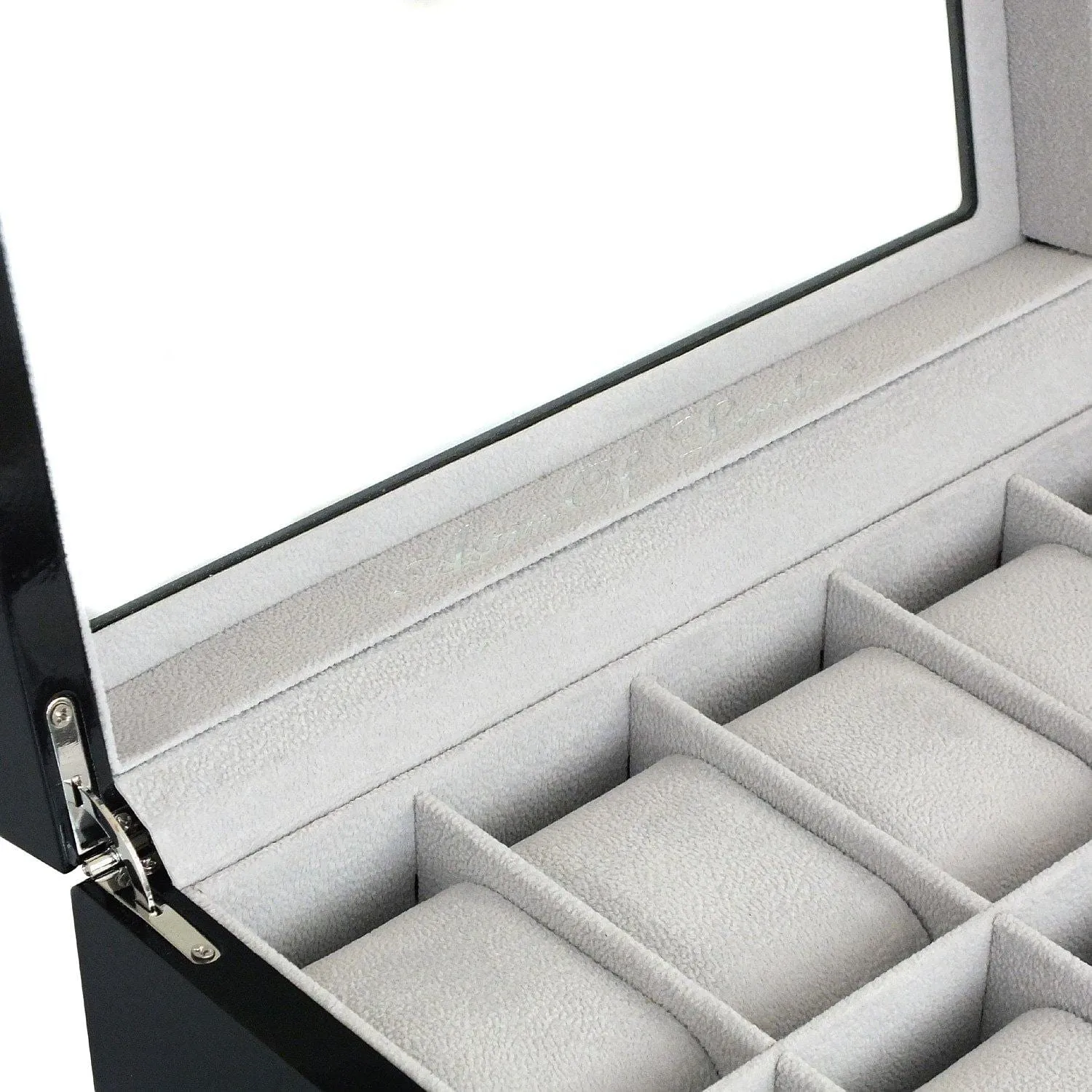 ASTIN OF LONDON® LUXURY GLOSS BLACK WOODEN 10 SLOT WATCH BOX CASE GREY INTERIOR