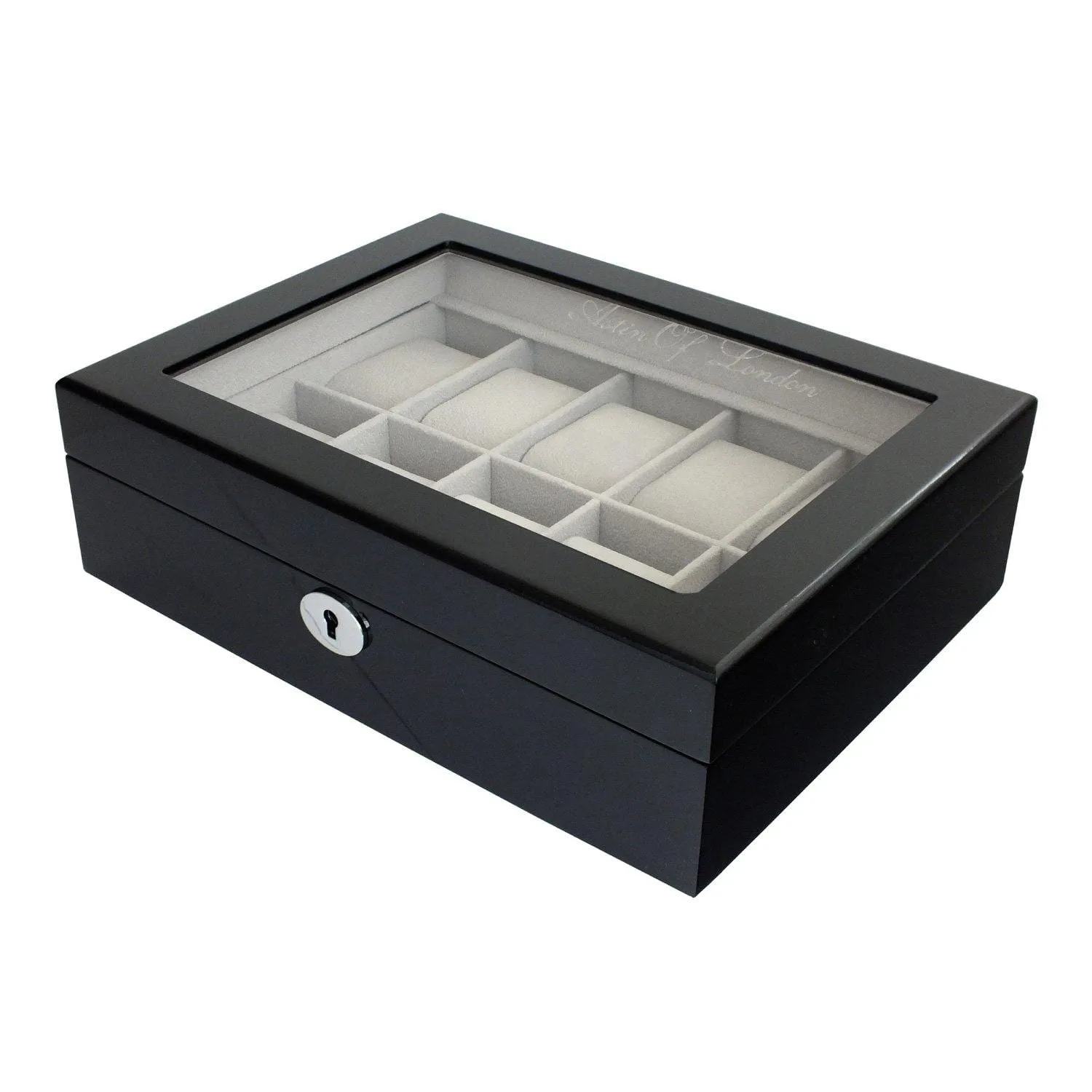 ASTIN OF LONDON® LUXURY GLOSS BLACK WOODEN 10 SLOT WATCH BOX CASE GREY INTERIOR