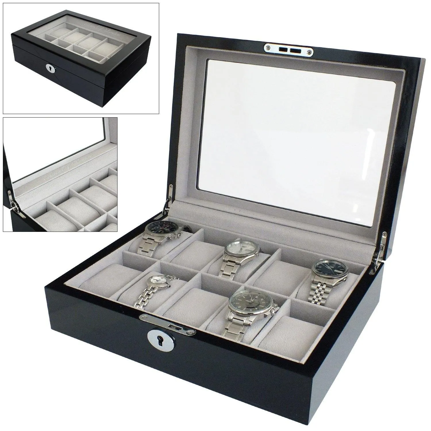ASTIN OF LONDON® LUXURY GLOSS BLACK WOODEN 10 SLOT WATCH BOX CASE GREY INTERIOR
