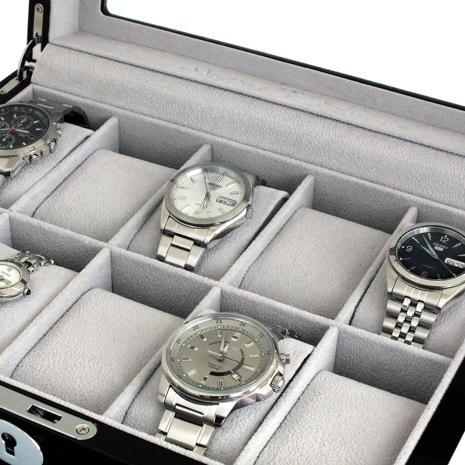 ASTIN OF LONDON® LUXURY GLOSS BLACK WOODEN 10 SLOT WATCH BOX CASE GREY INTERIOR