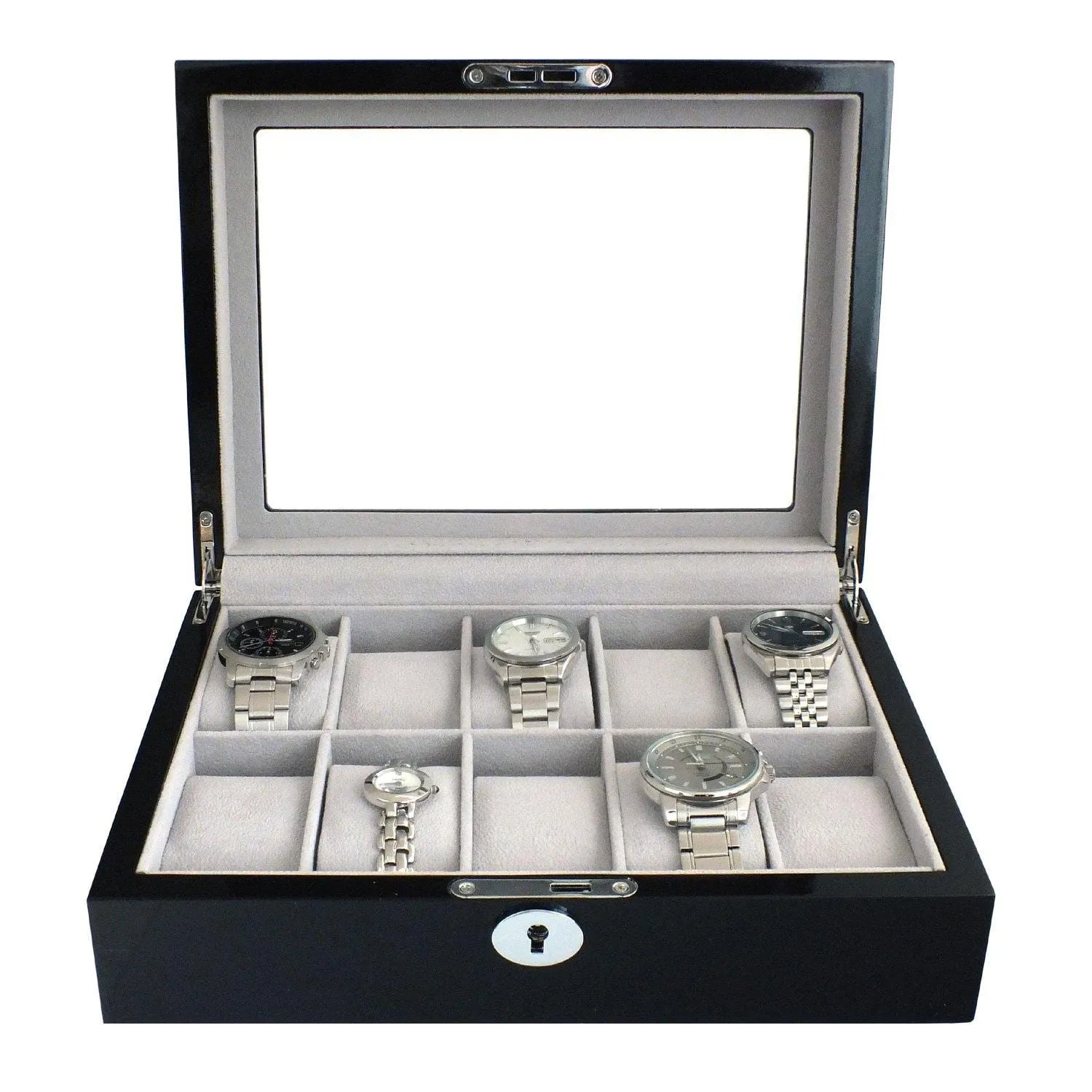 ASTIN OF LONDON® LUXURY GLOSS BLACK WOODEN 10 SLOT WATCH BOX CASE GREY INTERIOR