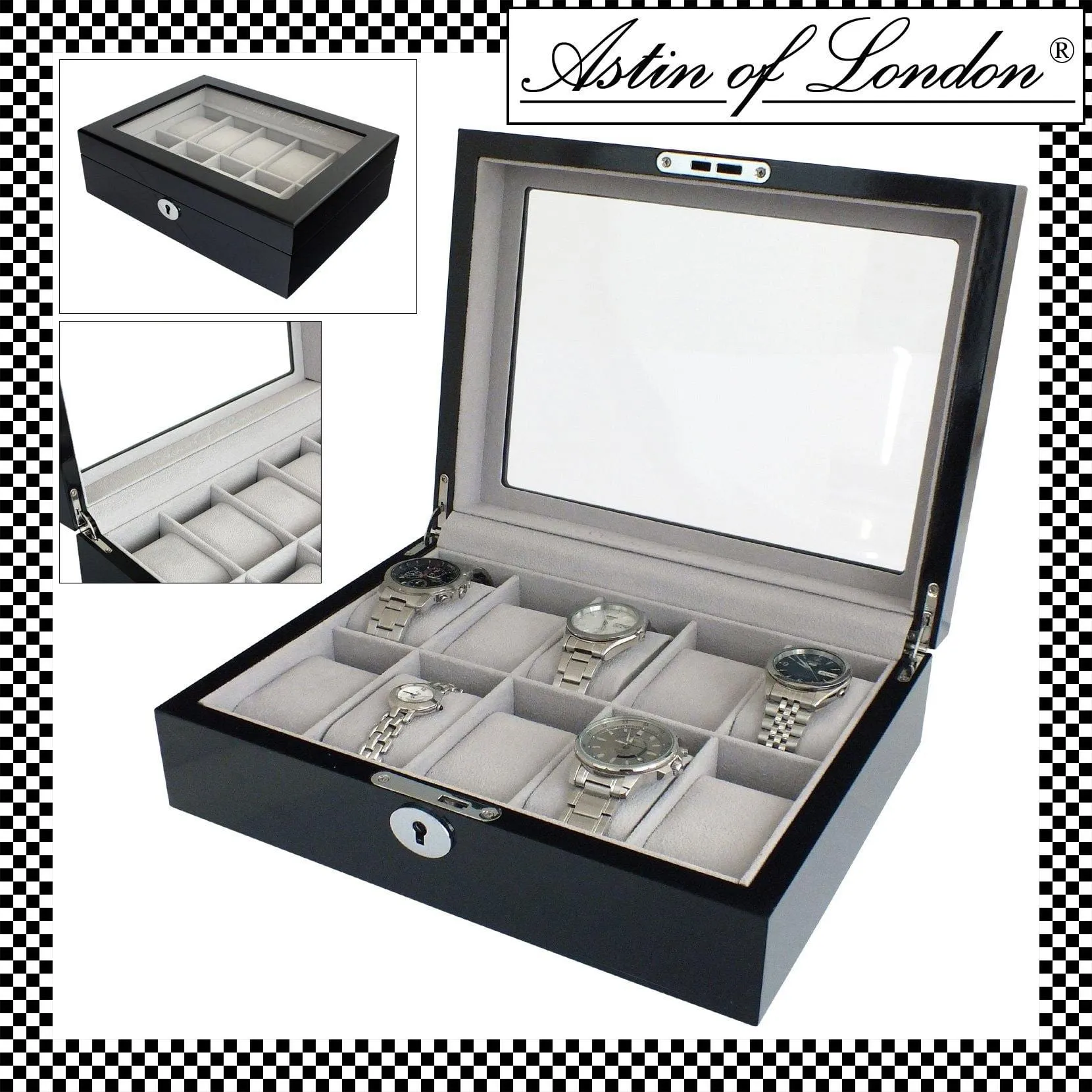 ASTIN OF LONDON® LUXURY GLOSS BLACK WOODEN 10 SLOT WATCH BOX CASE GREY INTERIOR
