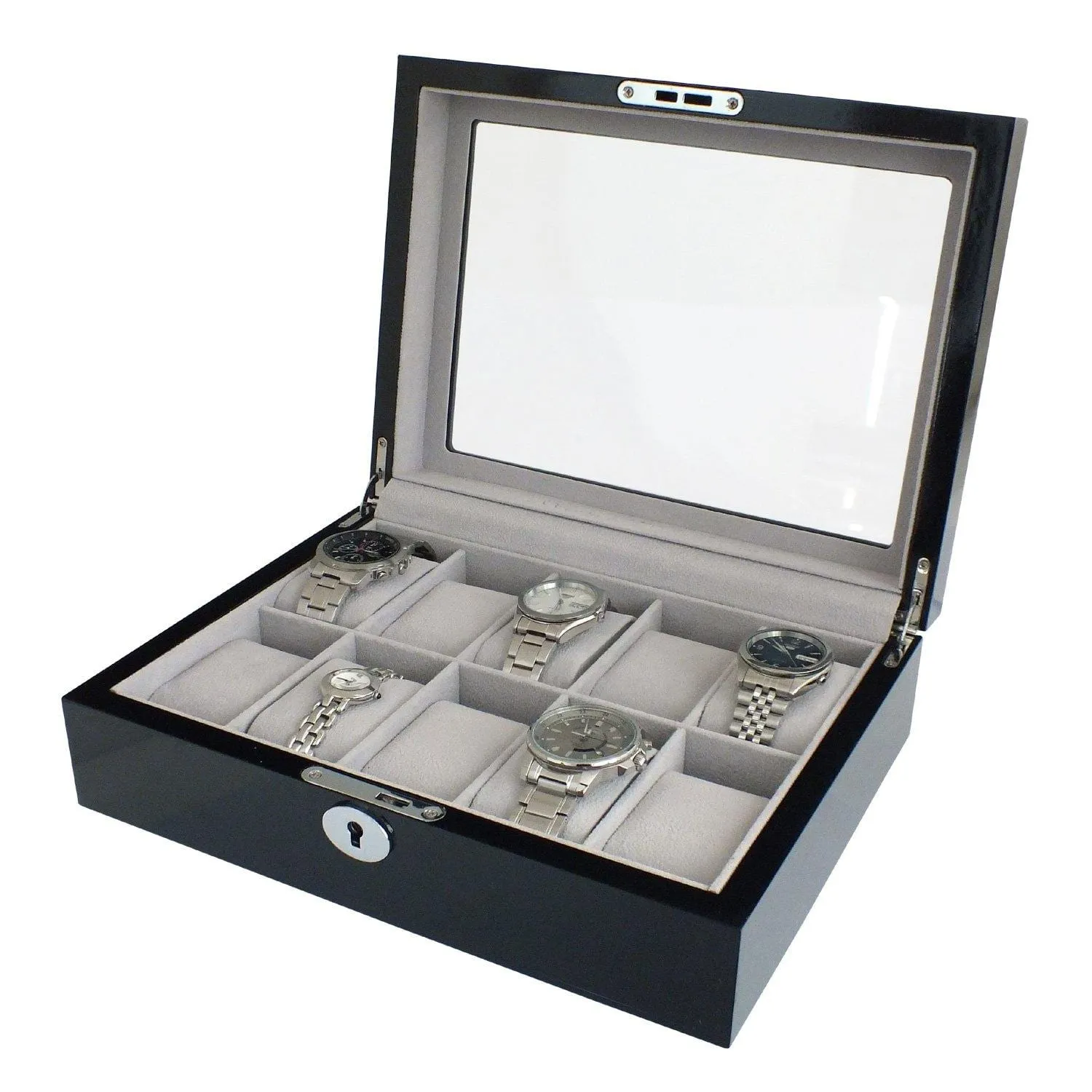 ASTIN OF LONDON® LUXURY GLOSS BLACK WOODEN 10 SLOT WATCH BOX CASE GREY INTERIOR
