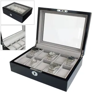 ASTIN OF LONDON® LUXURY GLOSS BLACK WOODEN 10 SLOT WATCH BOX CASE GREY INTERIOR