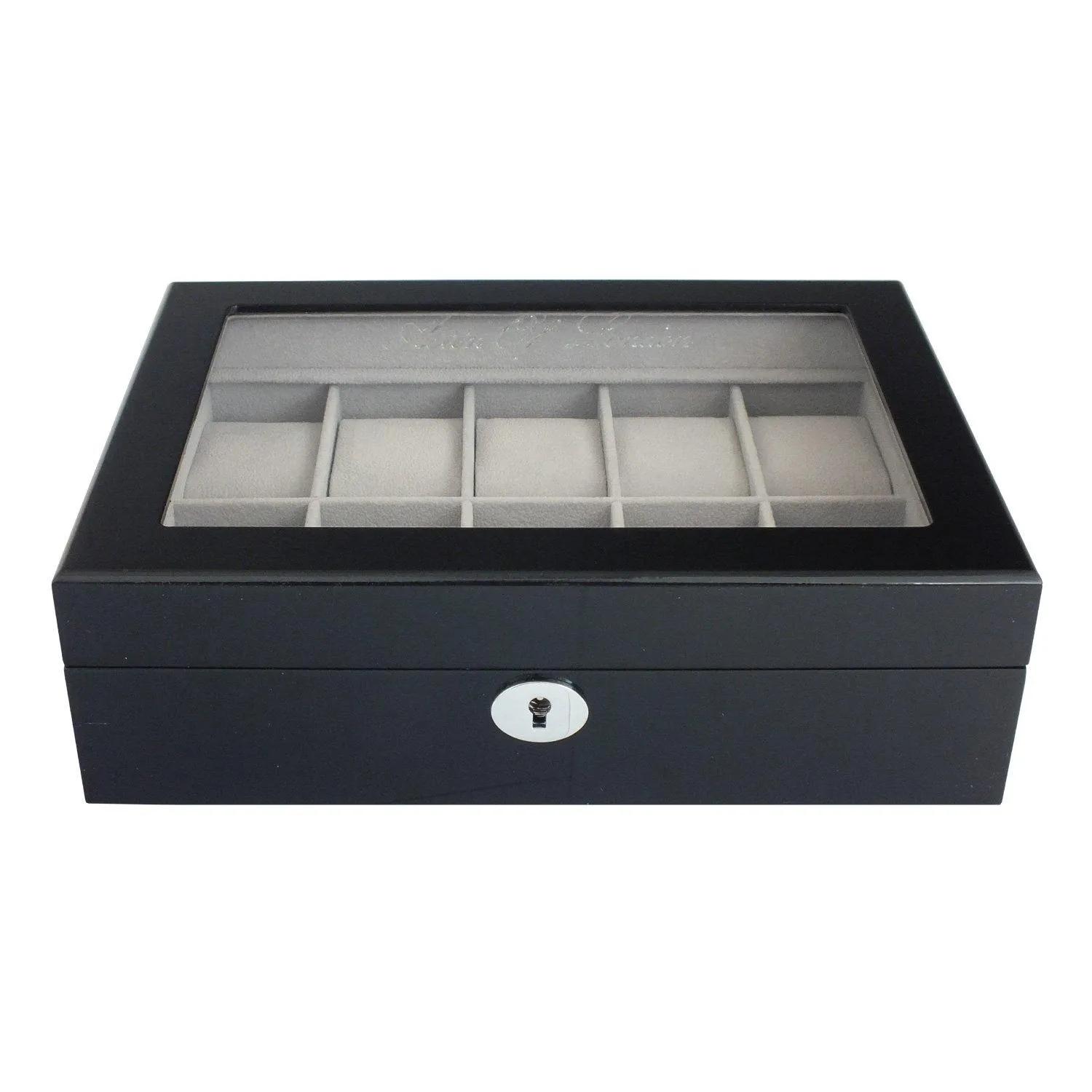 ASTIN OF LONDON® LUXURY GLOSS BLACK WOODEN 10 SLOT WATCH BOX CASE GREY INTERIOR
