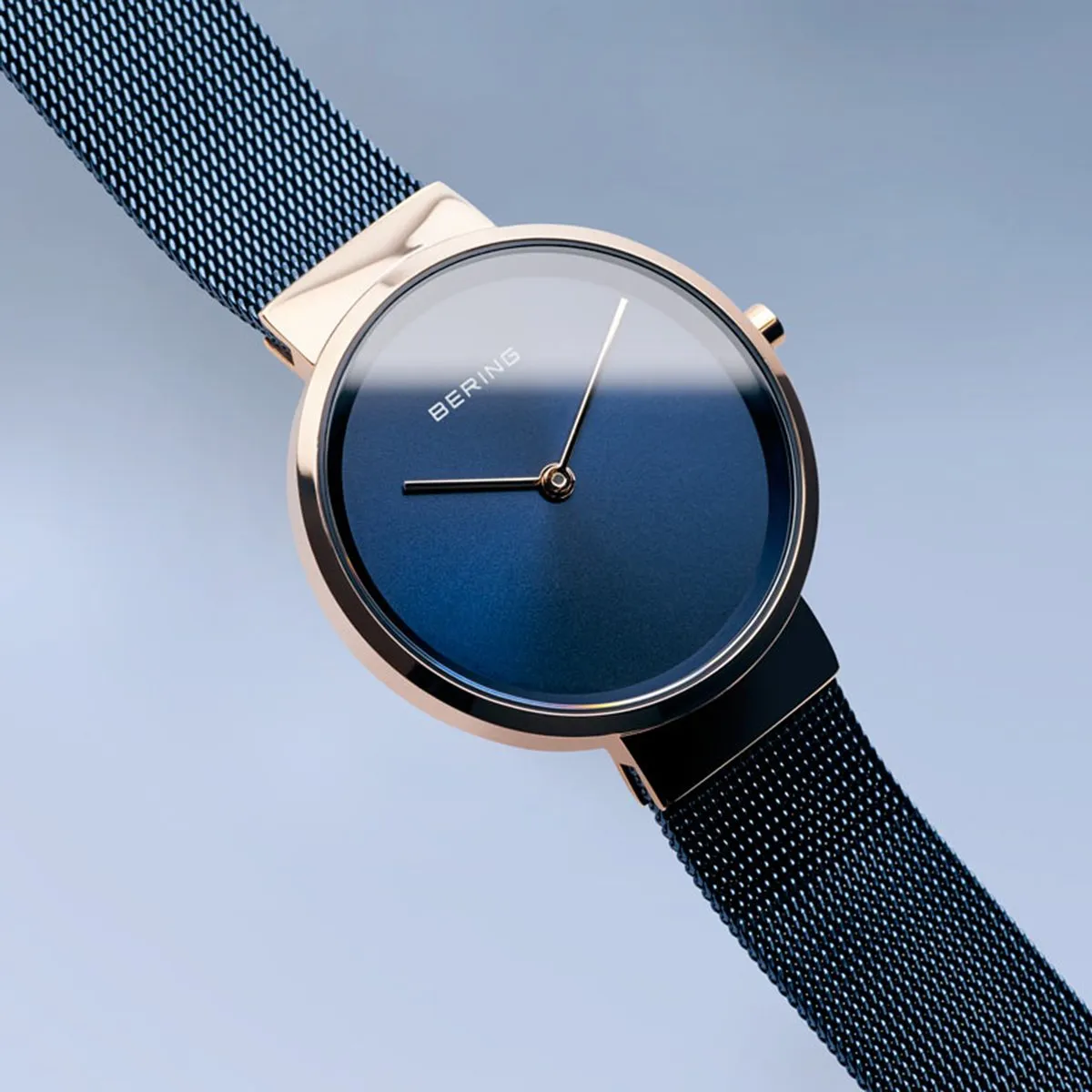 BERING Classic Polished Rose Gold Blue Stainless Steel Mesh Band Women's Watch 14531-367
