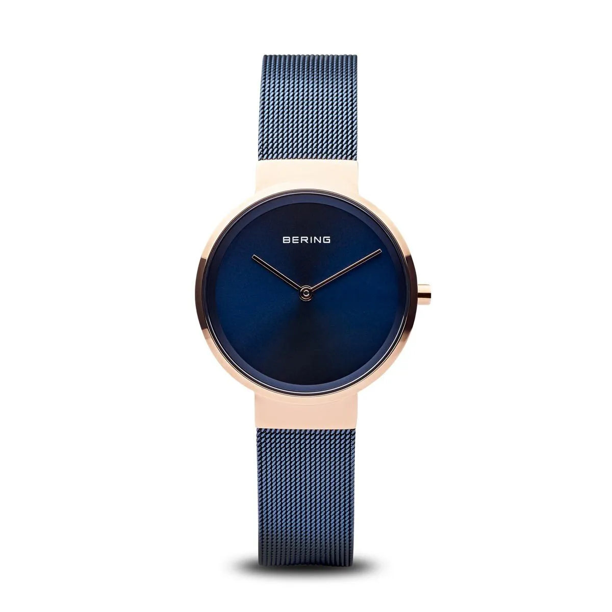 BERING Classic Polished Rose Gold Blue Stainless Steel Mesh Band Women's Watch 14531-367