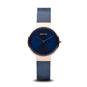 BERING Classic Polished Rose Gold Blue Stainless Steel Mesh Band Women's Watch 14531-367