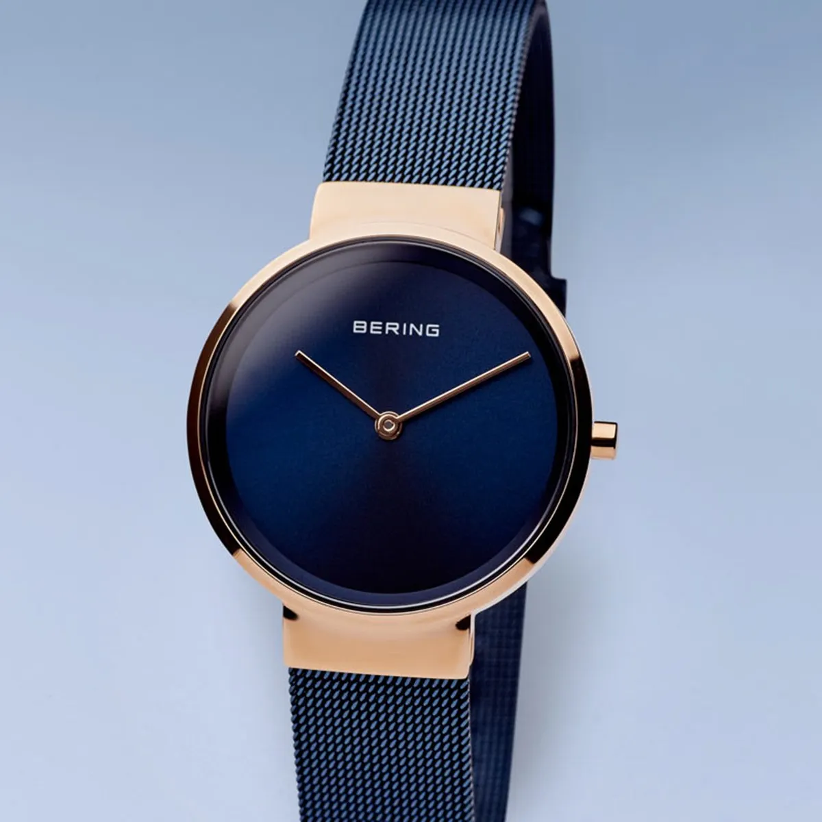 BERING Classic Polished Rose Gold Blue Stainless Steel Mesh Band Women's Watch 14531-367