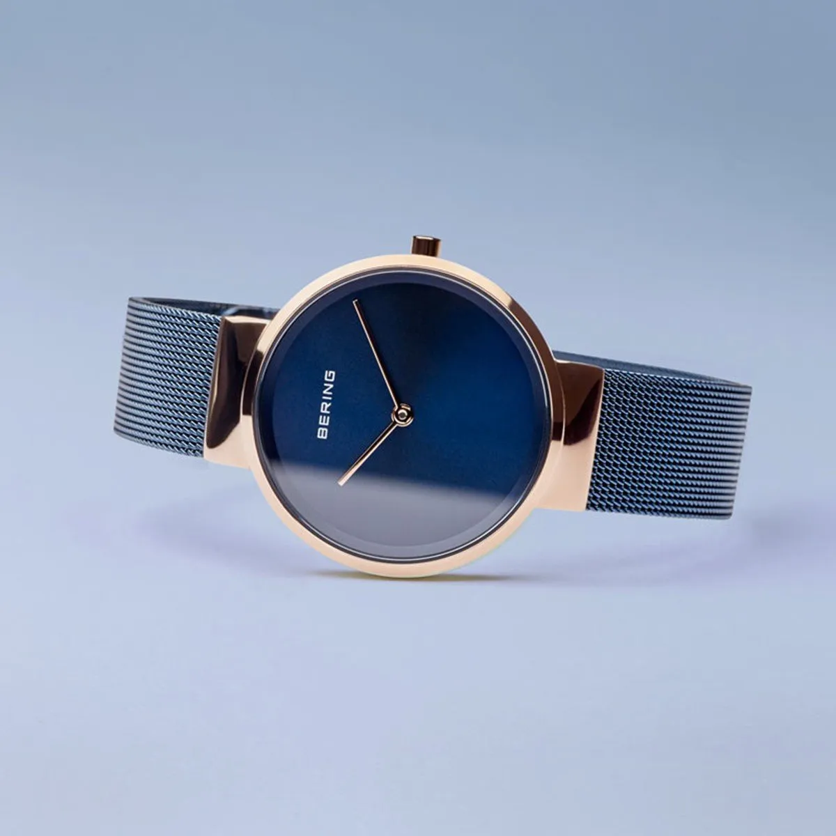 BERING Classic Polished Rose Gold Blue Stainless Steel Mesh Band Women's Watch 14531-367