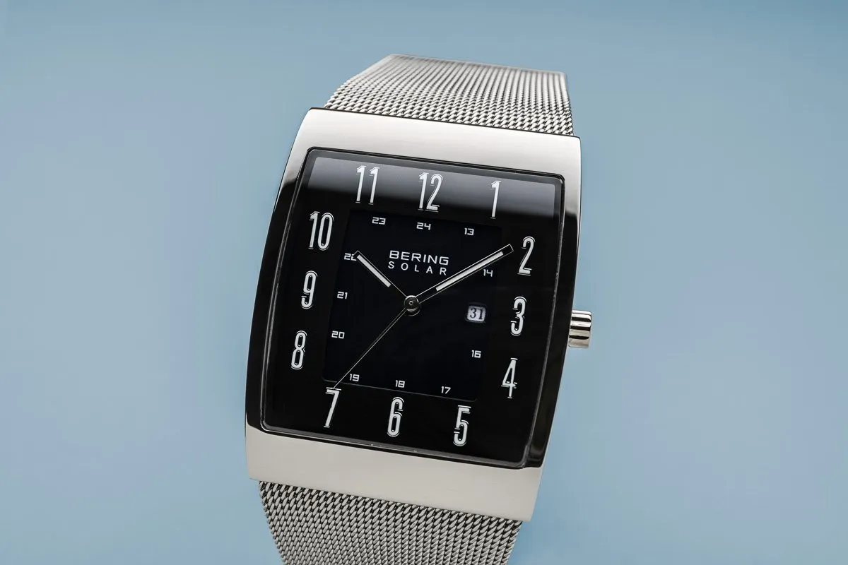 BERING Solar Square Polished Case Silver Mesh Strap Men's Watch 16433-002
