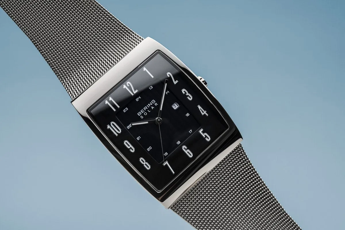 BERING Solar Square Polished Case Silver Mesh Strap Men's Watch 16433-002