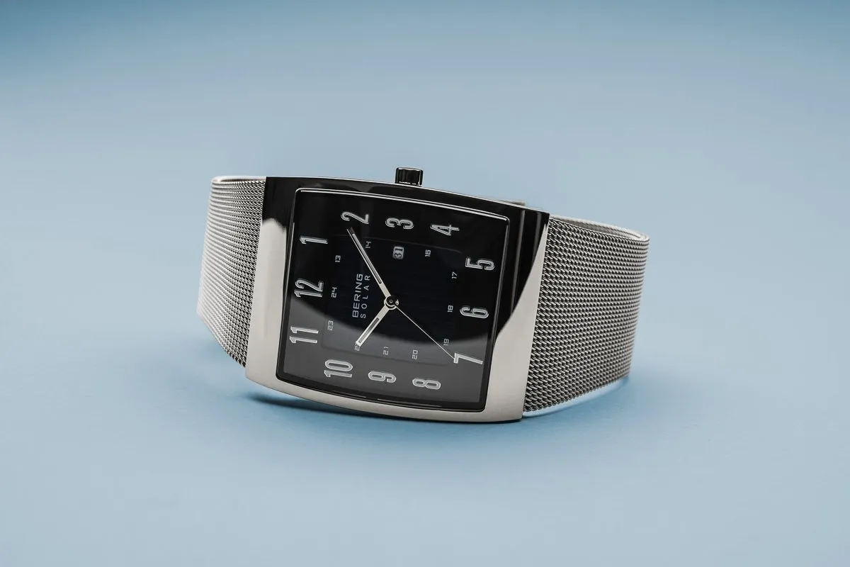 BERING Solar Square Polished Case Silver Mesh Strap Men's Watch 16433-002
