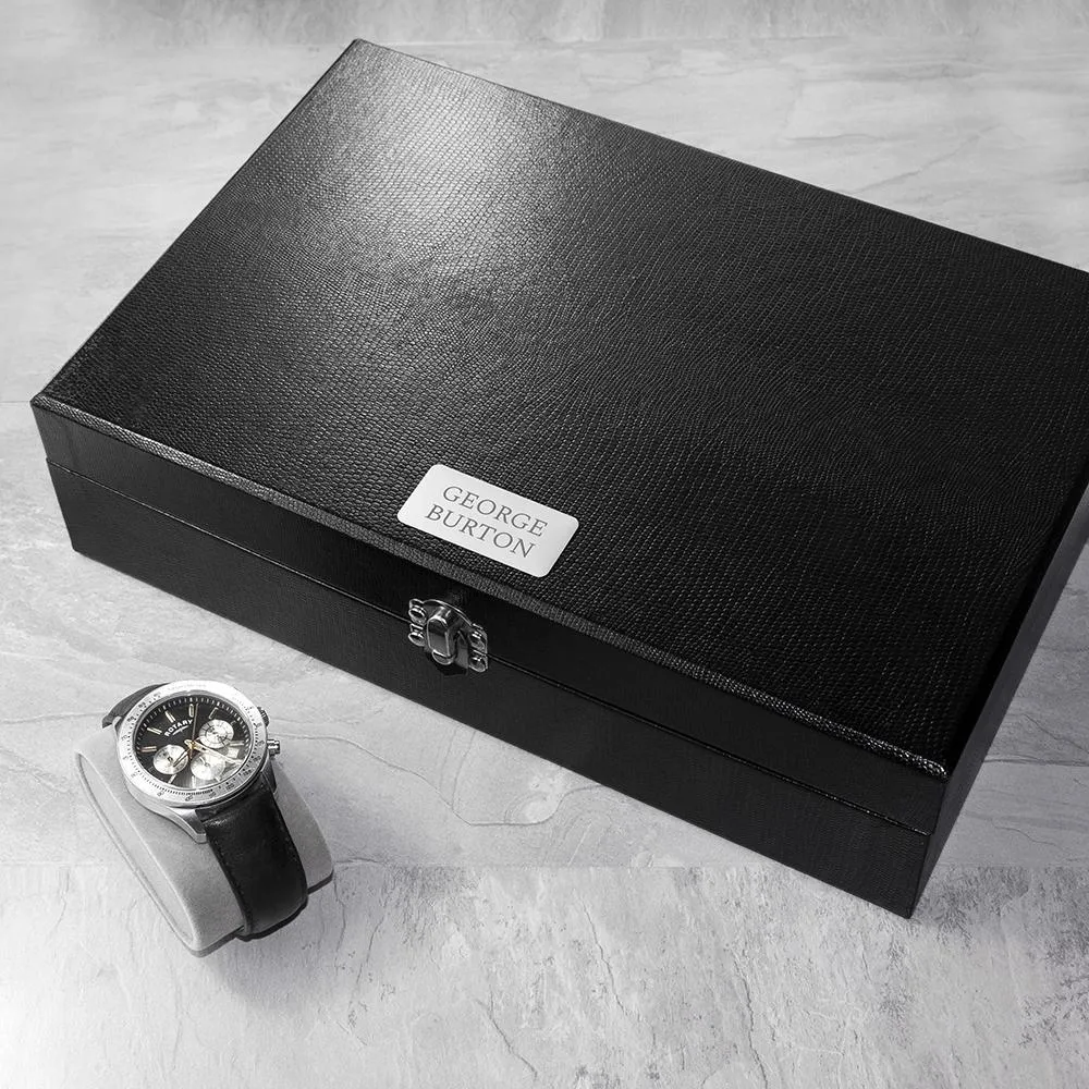 Black Leather effect Personalised Watch & Cufflinks Box