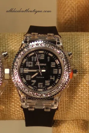 Black/Black Clear Rhinestones Small Face | Silicone Band with Clasp