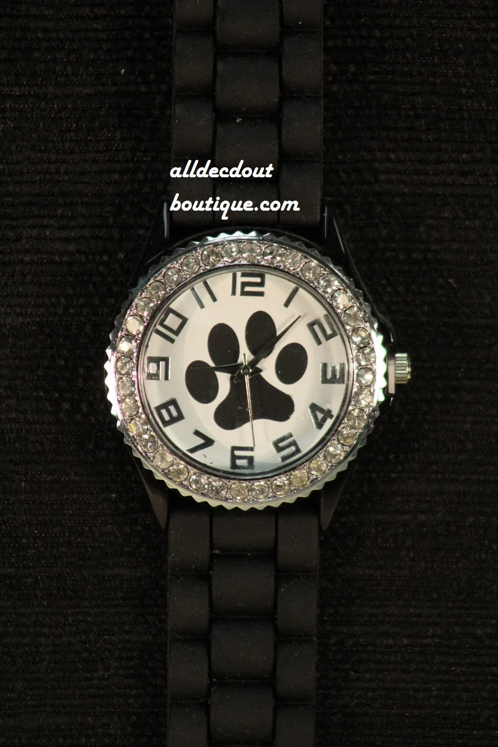 Black/White Black Paw Clear Rhinestones | Silicone Band