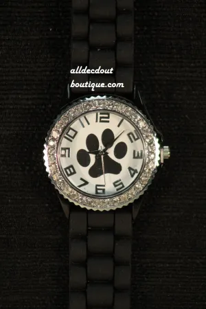 Black/White Black Paw Clear Rhinestones | Silicone Band