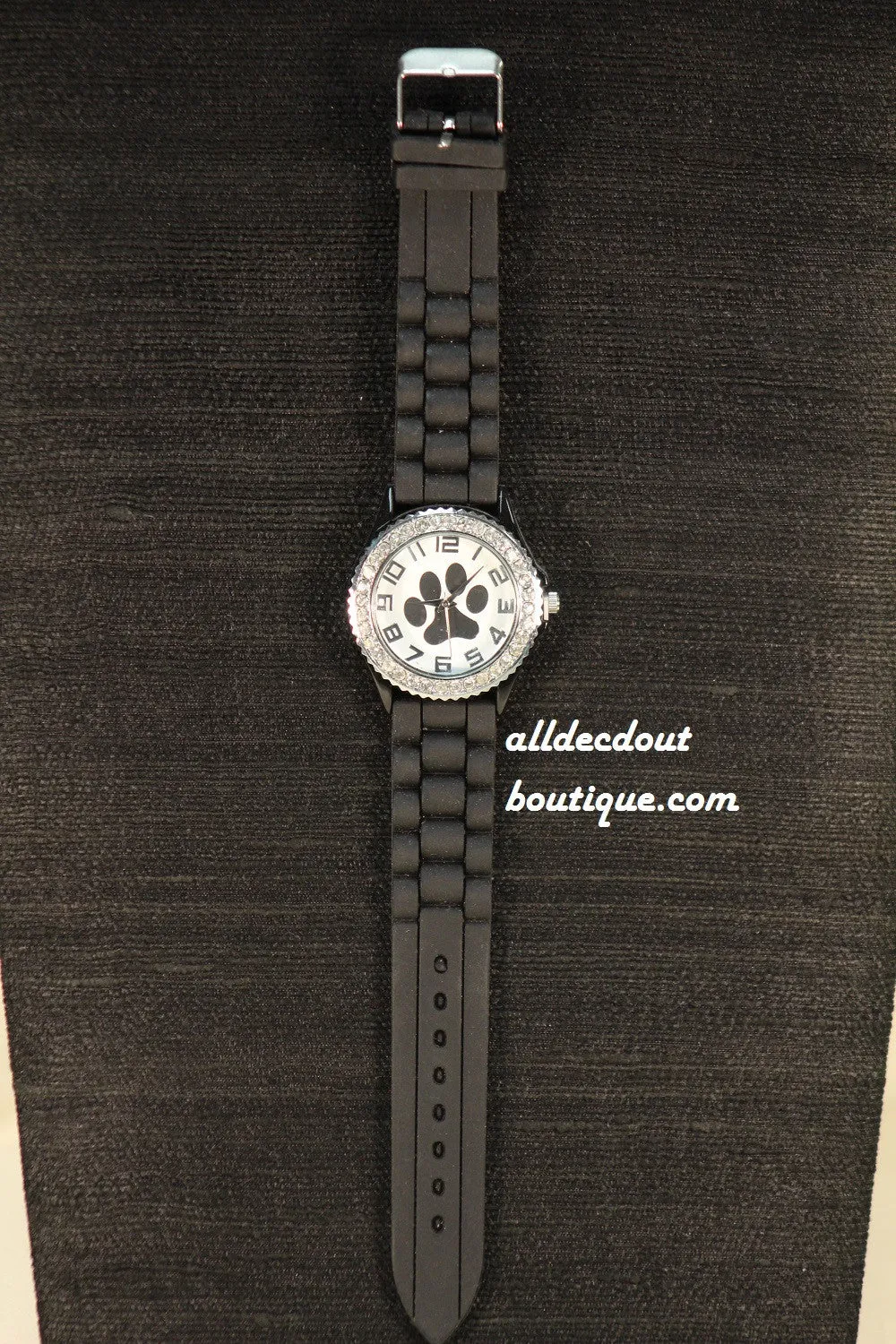 Black/White Black Paw Clear Rhinestones | Silicone Band