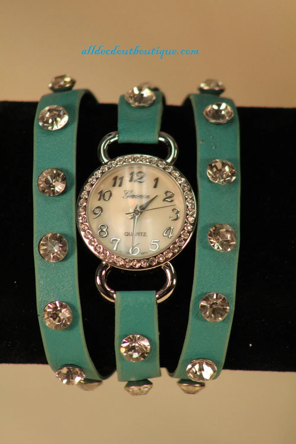 Blue/White Silver Studs & Clear Rhinestones | Leather Band w/ Button Clasp
