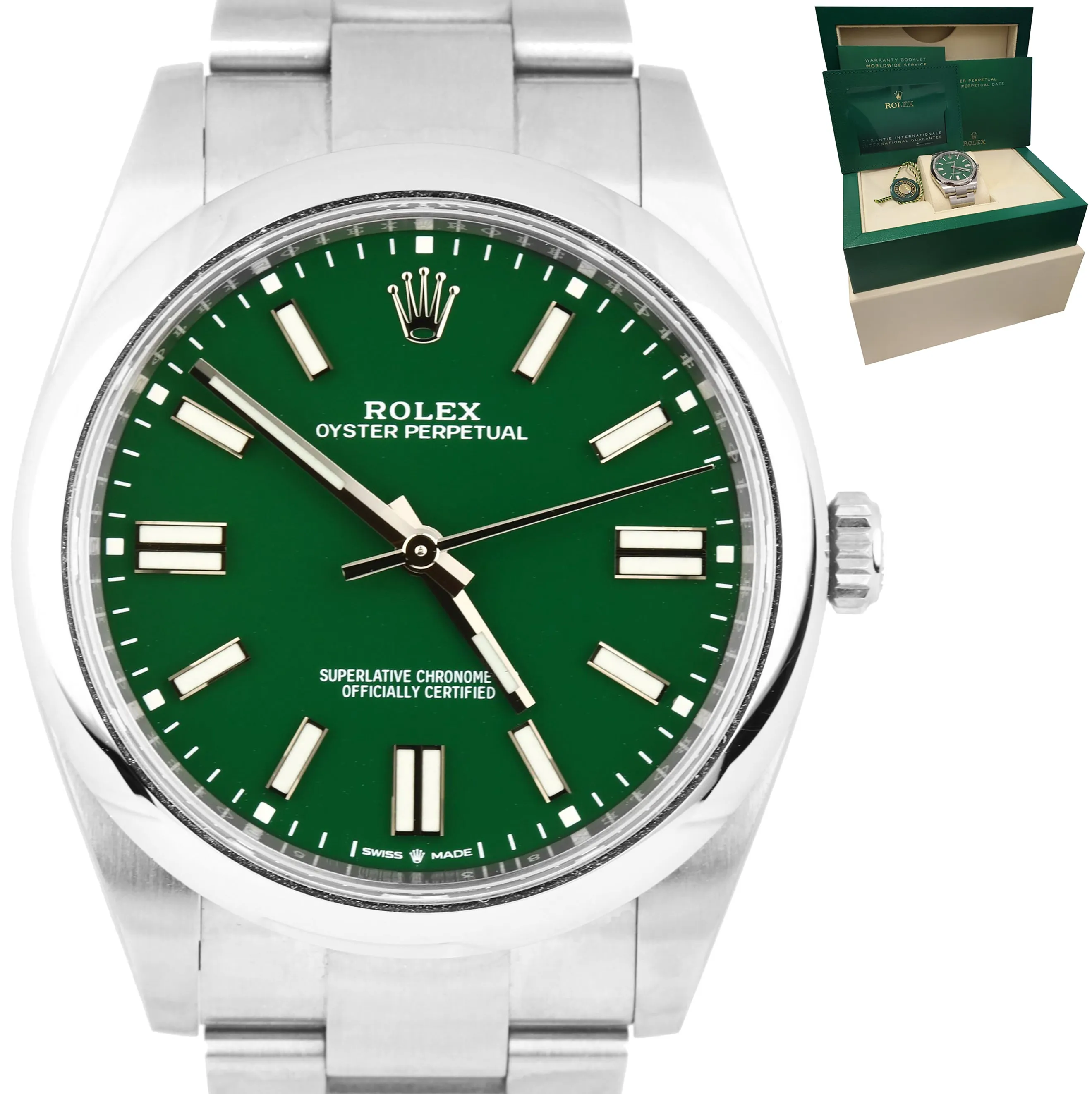 BRAND NEW 2021 CARD Rolex Oyster Perpetual 41mm GREEN Oyster Steel Watch 124300