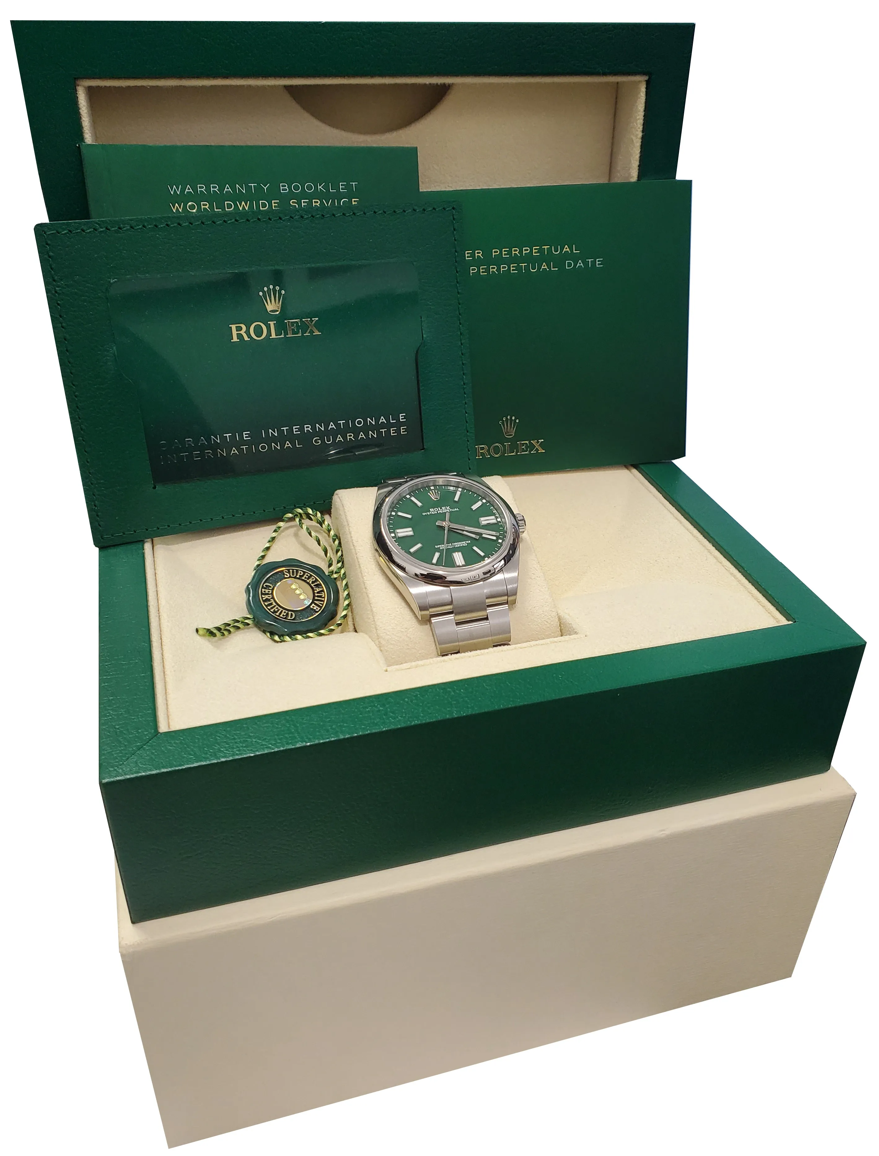 BRAND NEW 2021 CARD Rolex Oyster Perpetual 41mm GREEN Oyster Steel Watch 124300