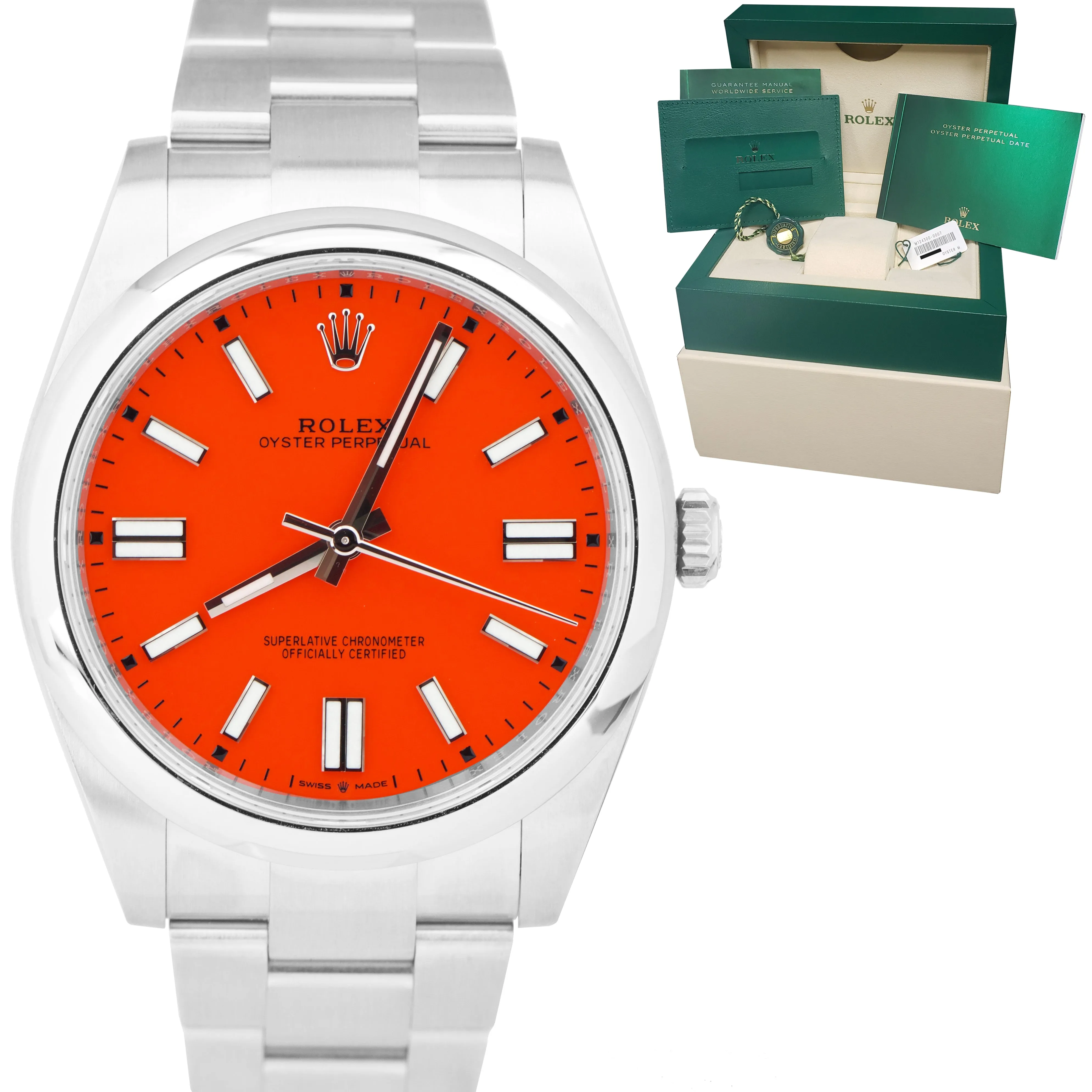 BRAND NEW 2021 Rolex Oyster Perpetual 41mm CORAL RED Oyster Steel Watch 124300