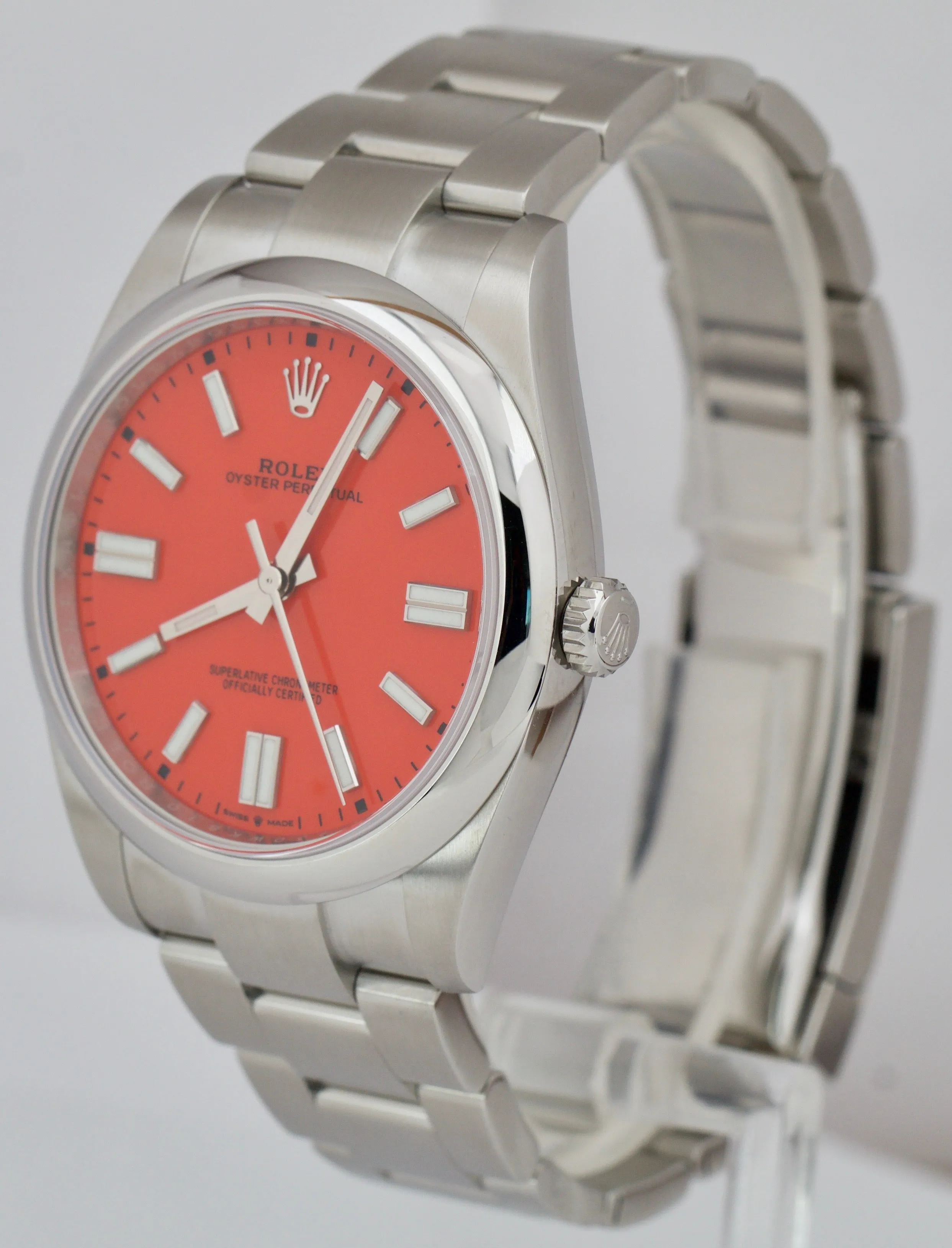BRAND NEW 2021 Rolex Oyster Perpetual 41mm CORAL RED Oyster Steel Watch 124300
