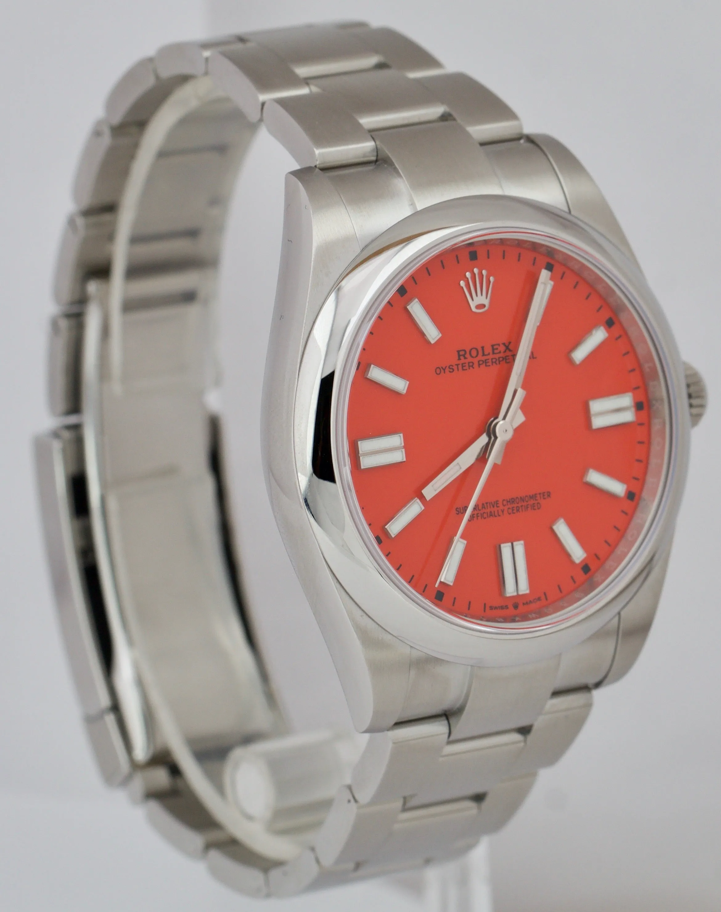 BRAND NEW 2021 Rolex Oyster Perpetual 41mm CORAL RED Oyster Steel Watch 124300