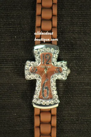 Brown/Brown Cross Clear Rhinestones | Silicone Band