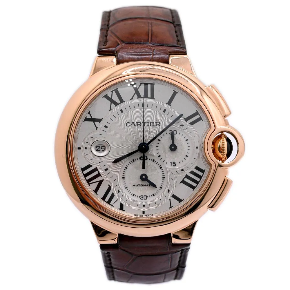Cartier Mens Ballon Bleu Rose Gold 50mm White Roman Chronograph Dial Watch Reference #: W6920009