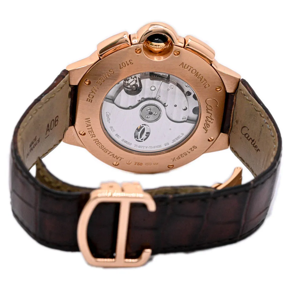 Cartier Mens Ballon Bleu Rose Gold 50mm White Roman Chronograph Dial Watch Reference #: W6920009