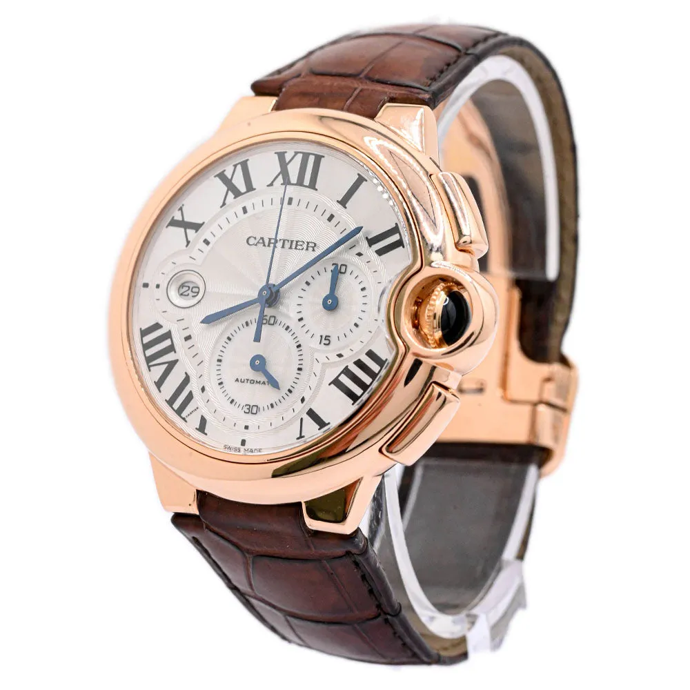 Cartier Mens Ballon Bleu Rose Gold 50mm White Roman Chronograph Dial Watch Reference #: W6920009