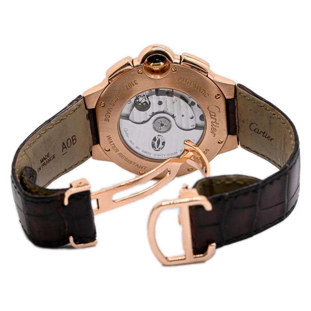 Cartier Mens Ballon Bleu Rose Gold 50mm White Roman Chronograph Dial Watch Reference #: W6920009