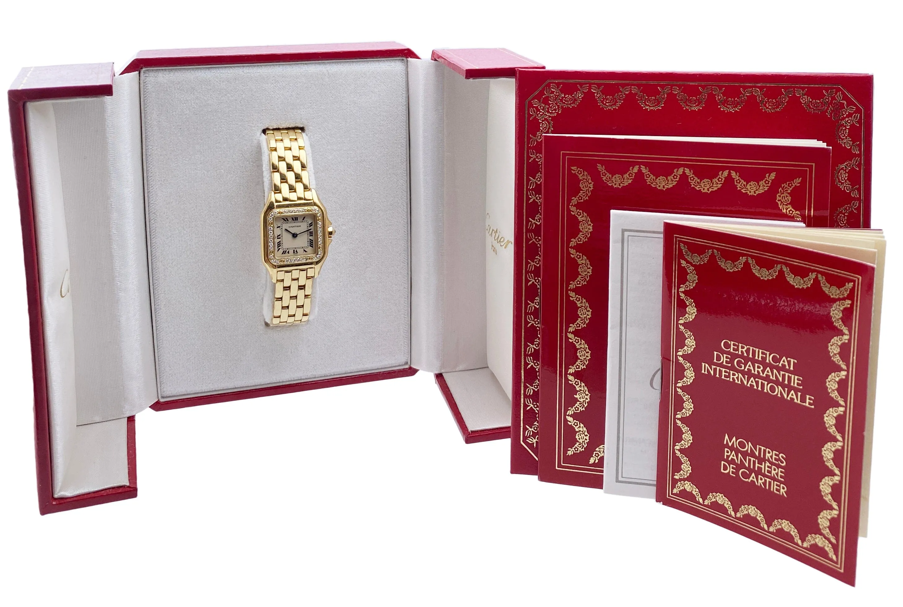 Cartier Panthere Diamond Bezel 18K Yellow Gold Ladies Watch Box Papers