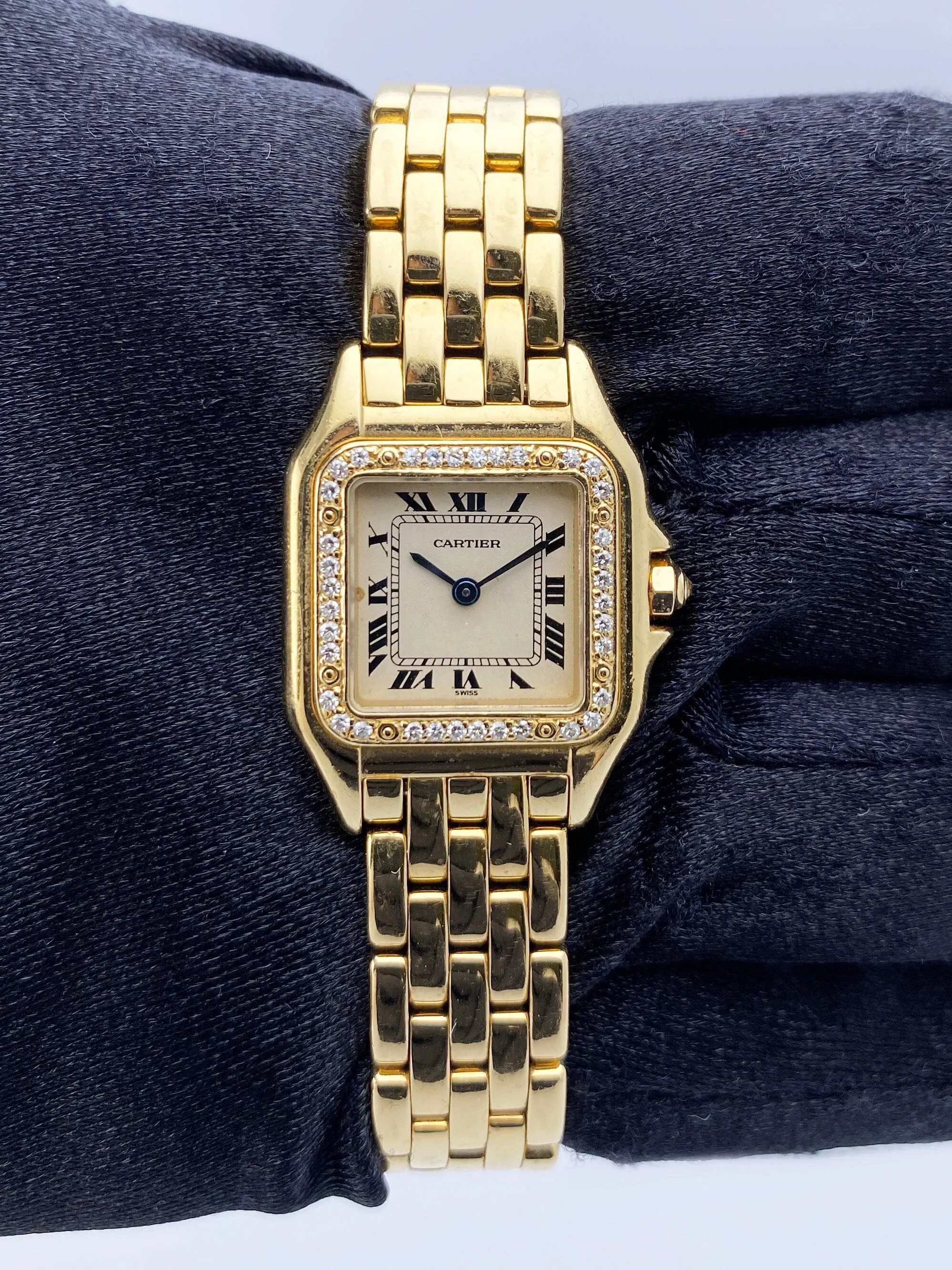 Cartier Panthere Diamond Bezel 18K Yellow Gold Ladies Watch Box Papers