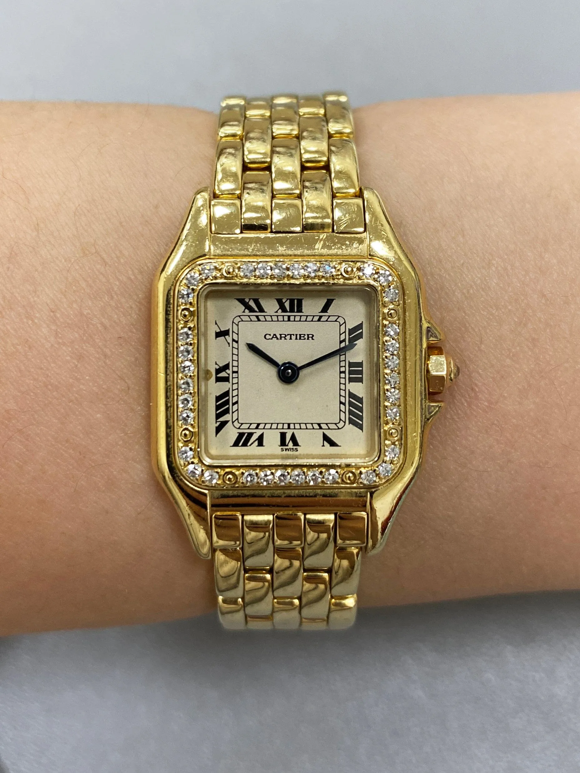 Cartier Panthere Diamond Bezel 18K Yellow Gold Ladies Watch Box Papers
