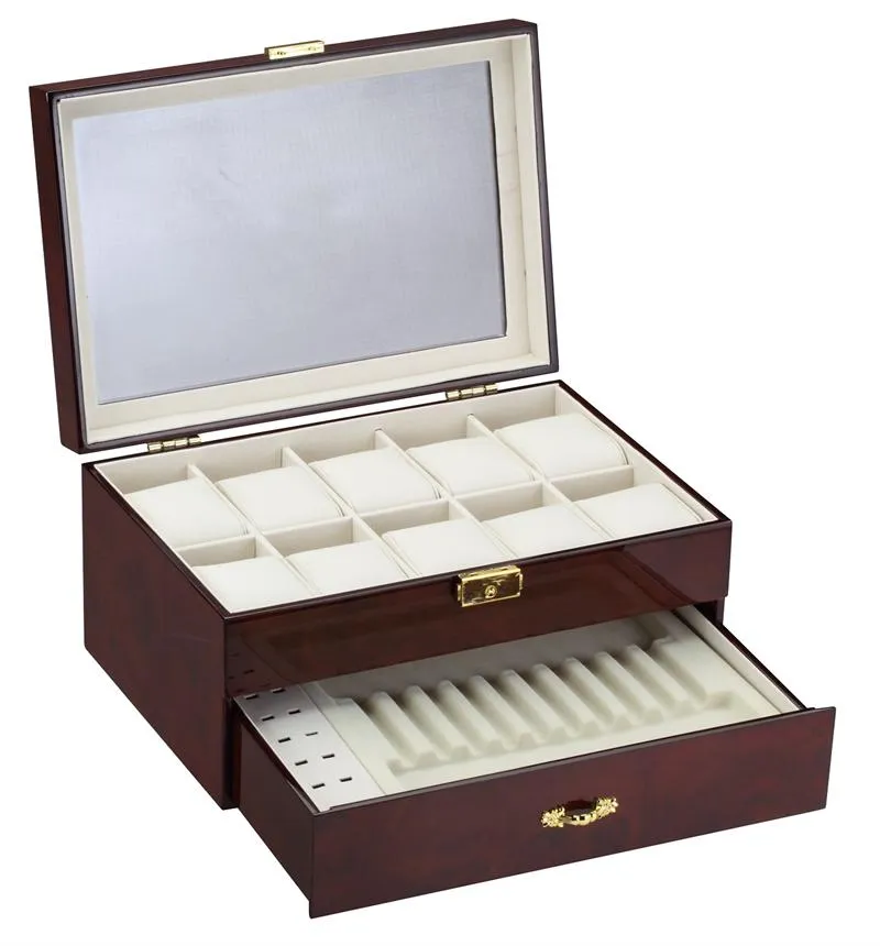Diplomat Ten Watch Case with Cream Leatherette Interior and Drawer With Pen and Cufflink Storage Burlwood