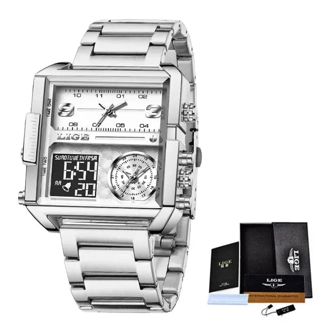 Elegance 8925 Digital Steel Men Watch Fashion Black Steel Watch Men Digital Dual Display Watch Sports Chronograph Waterproof Quartz Wristwatch Men Military Watch
