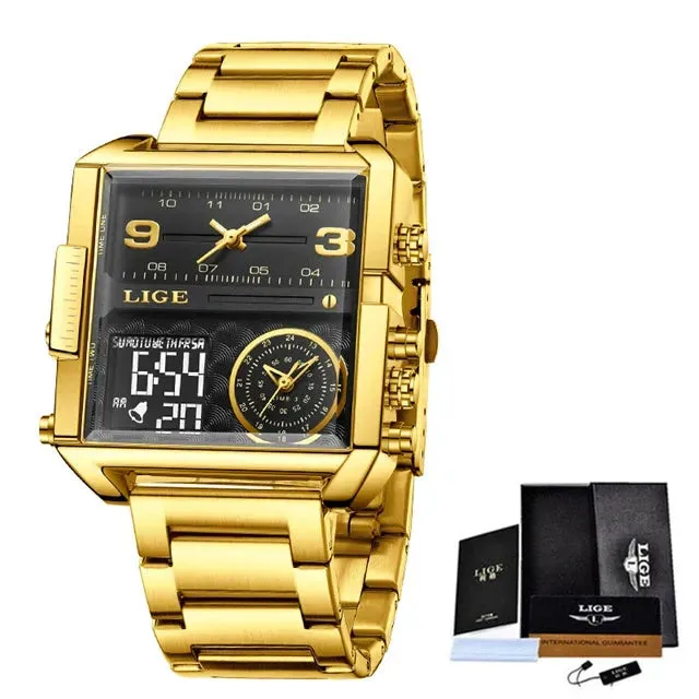 Elegance 8925 Digital Steel Men Watch Fashion Black Steel Watch Men Digital Dual Display Watch Sports Chronograph Waterproof Quartz Wristwatch Men Military Watch
